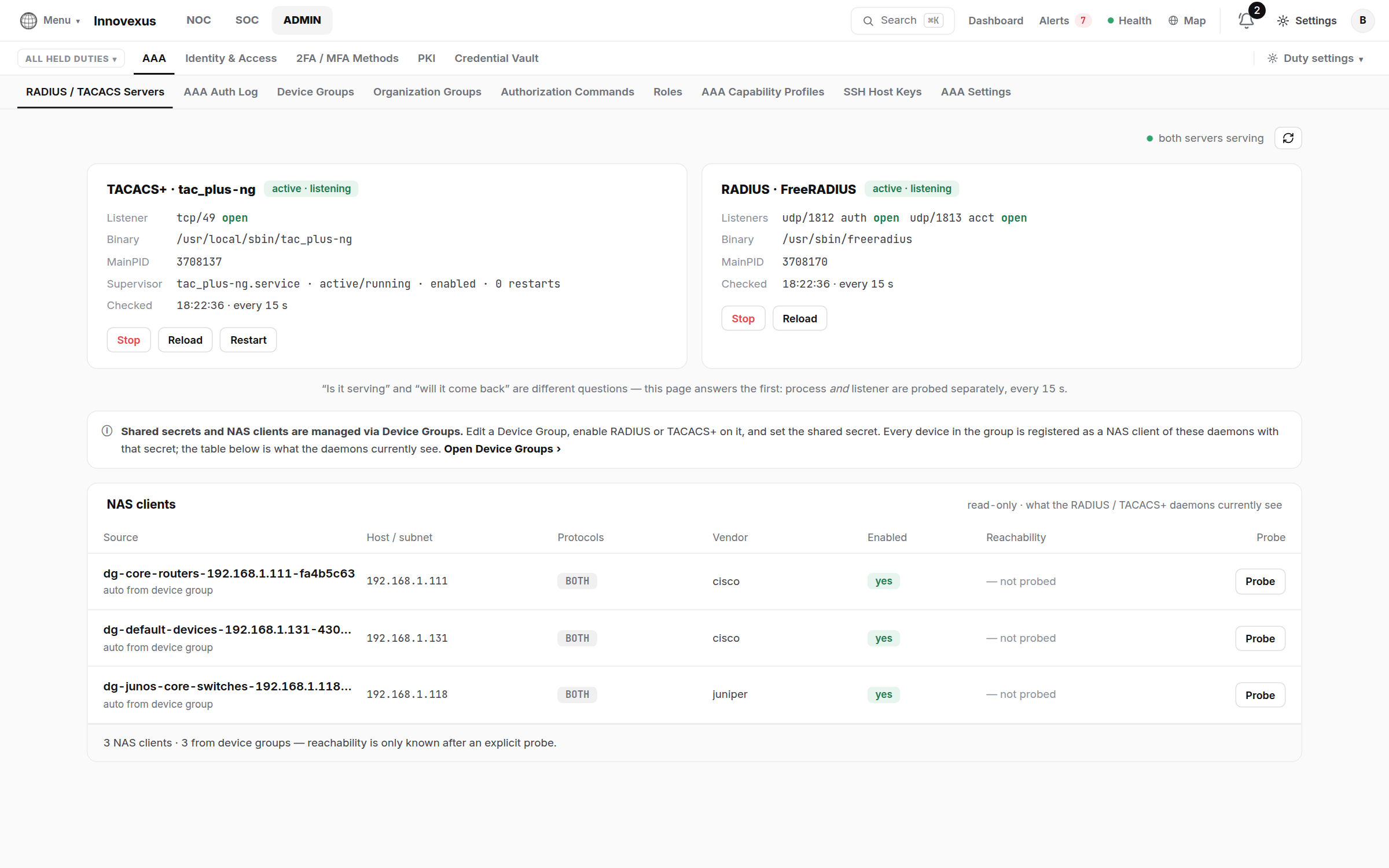 AAA servers page: TACACS+ and FreeRADIUS daemon status and the NAS clients table