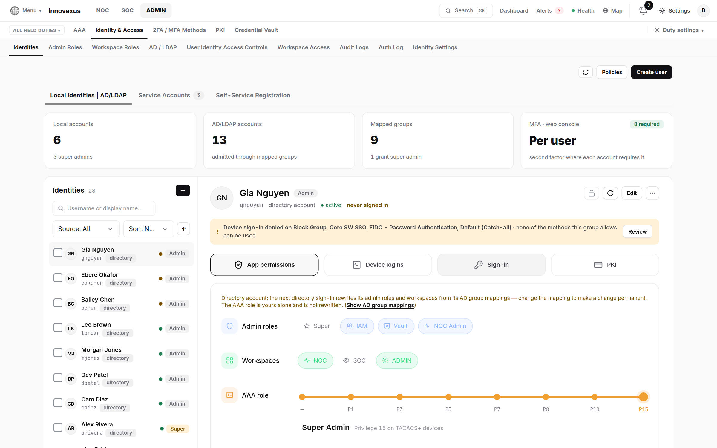 Identities page: accounts list, per-account admin roles, workspaces and AAA role