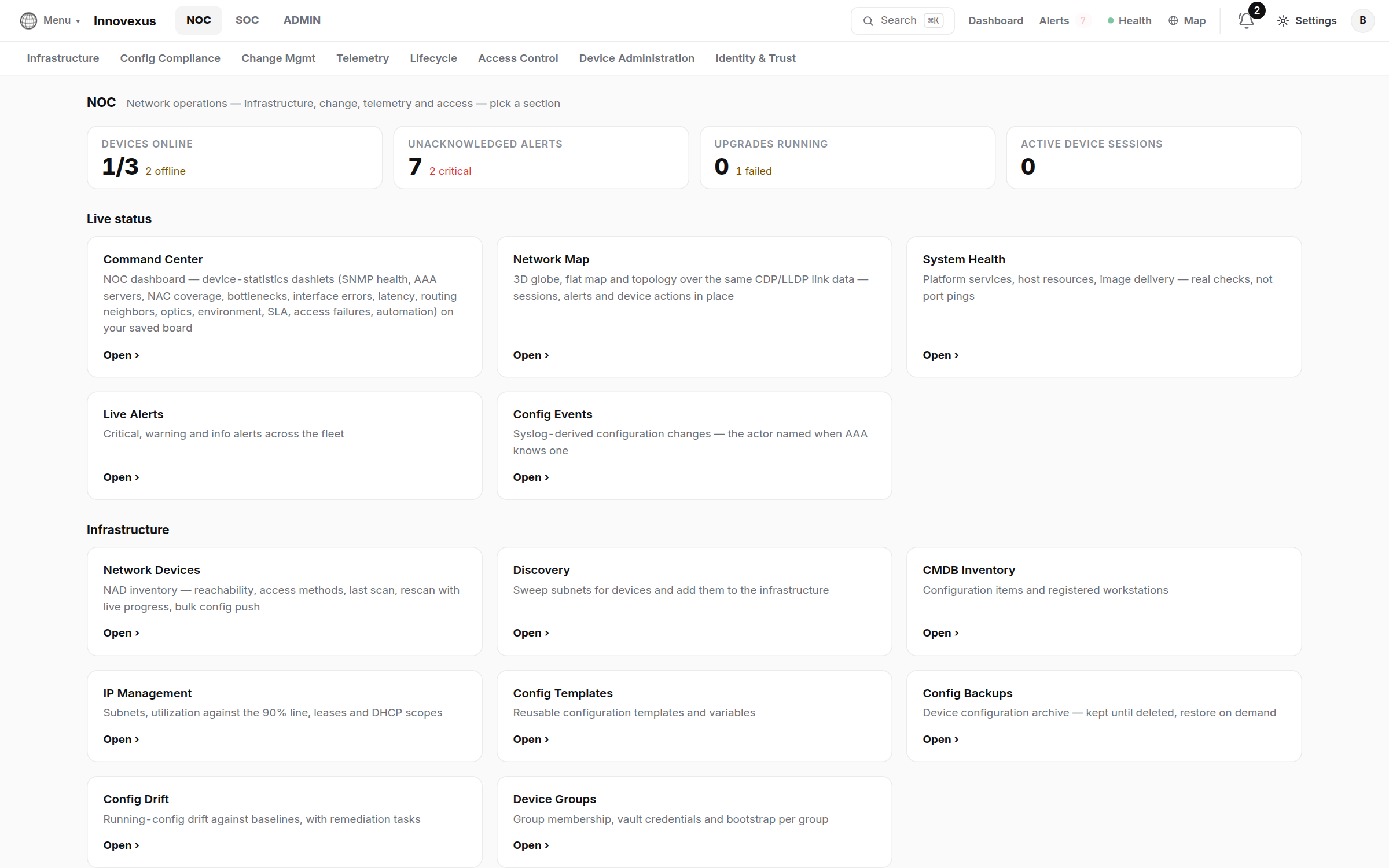 The NOC navigation landing page: workspace switcher at top, section rows, and launcher cards for each page