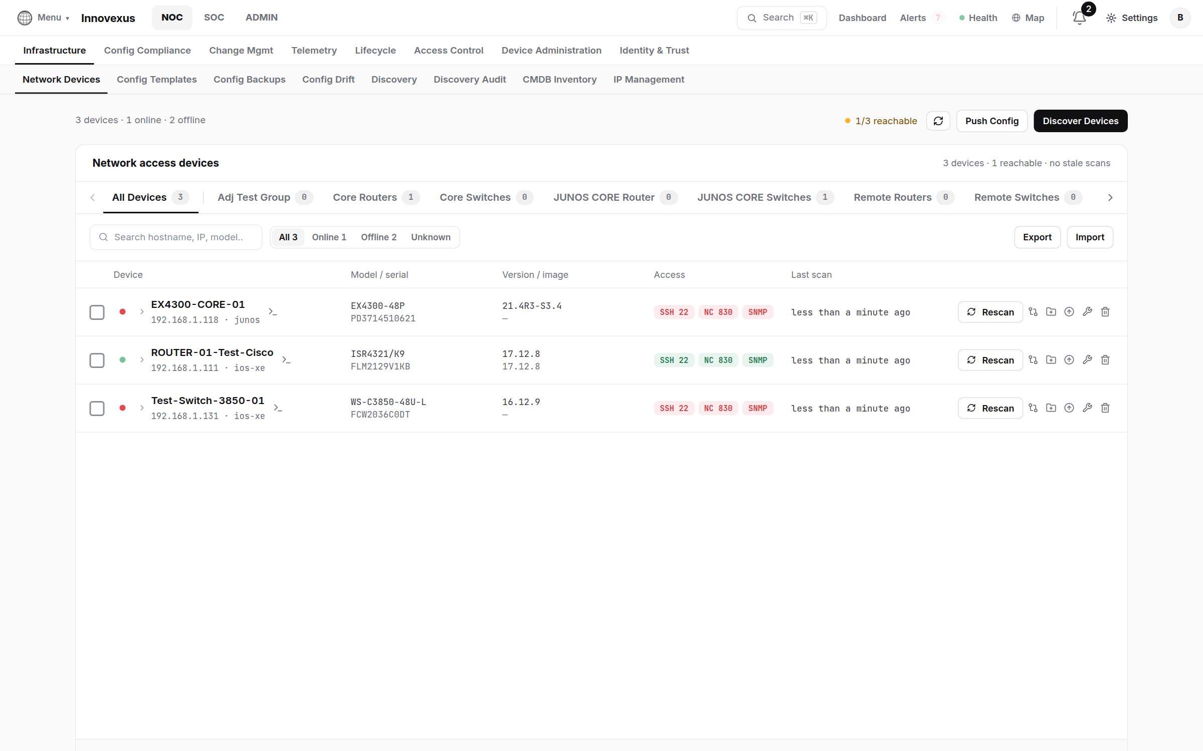 Network Devices inventory page with reachability, access methods and rescan