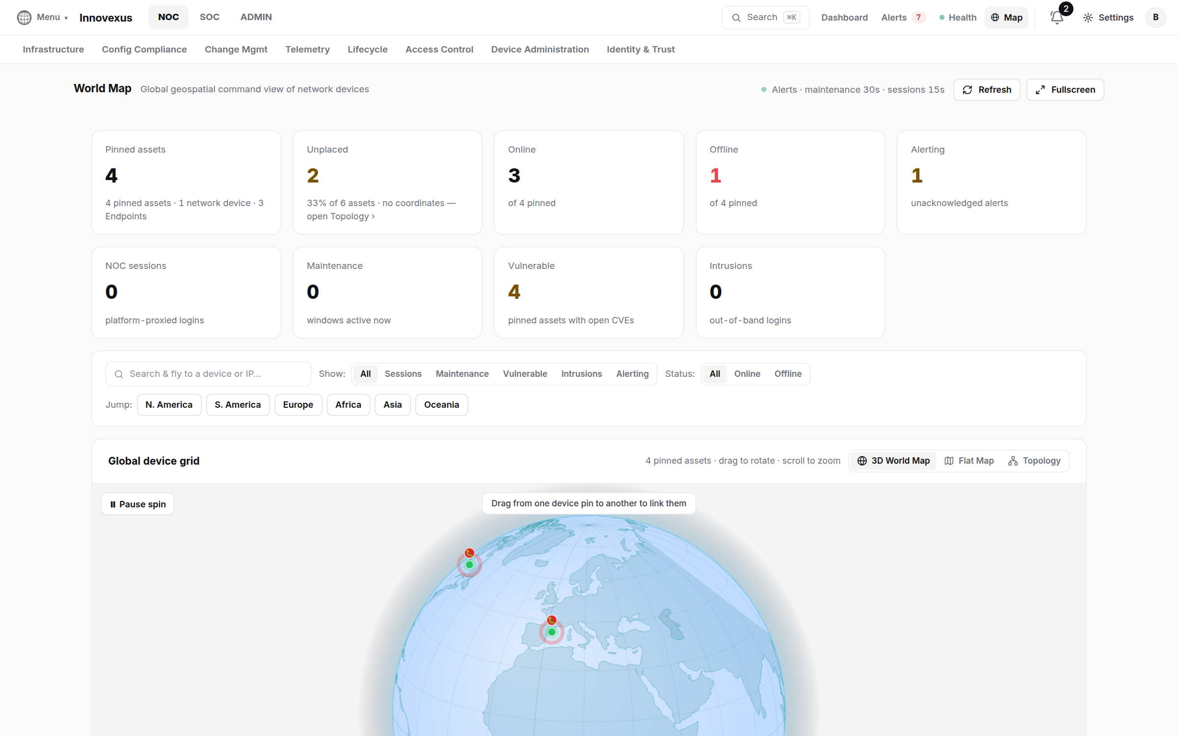 World map with device locations and link status